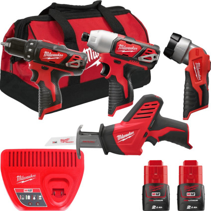 Milwaukee M12 M12BPP4A-202B 4933441240 (шуруповерт, винтоверт, фонарик, сабельная пила, 2 АКБ, сумка)