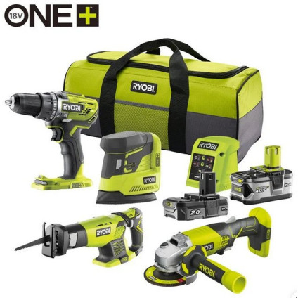 Ryobi R18CK4E-242S 5133004757 (шуруповерт, сабельная пила, болгарка, шлифмашина, 2 АКБ, сумка)